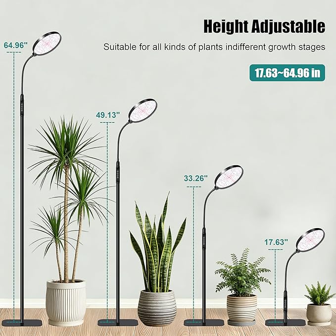Grow Light for Indoor Plants Full Spectrum Floor Standing Plant Light Remote Control &amp 4/8/12/18H Timer 3 Modes 10 Dimmable Levels Stable Base for Tall Plants Succulents Herbs Black
