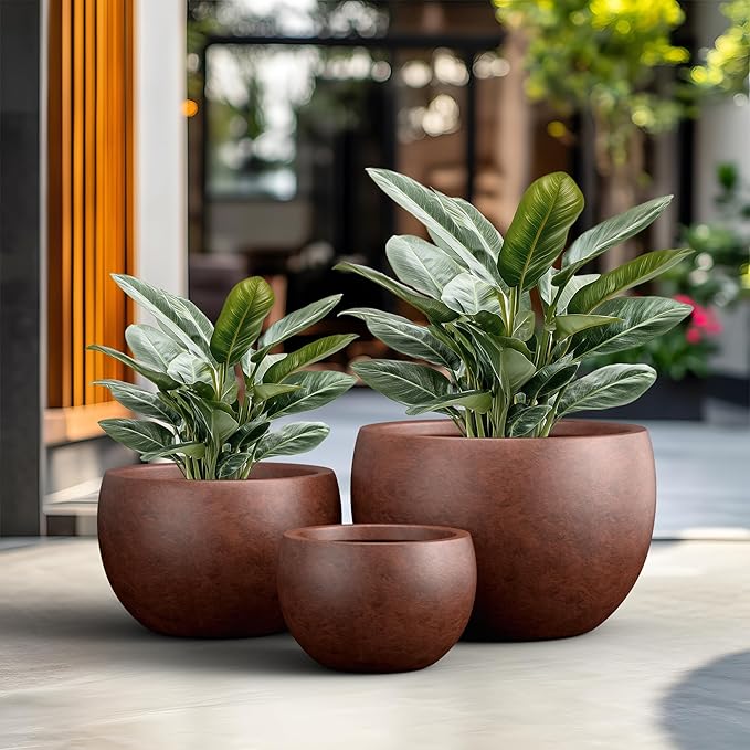 Kante 19.915.711.8 Dia Round Concrete Planter Set of 3 Outdoor/Indoor Large Bowl Plant Pots with Drainage Hole and Rubber Plug for Garden Patio Balcony Home Rusty