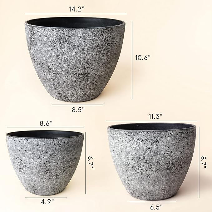 LA JOLIE MUSE 14.2/11.3/8.6 Inch PlantersSet of 3 Indoor/Outdoor Round PlantersGrey Tree PlantersPlant Container with Drain HolesFlower Pots for Patio and Deck