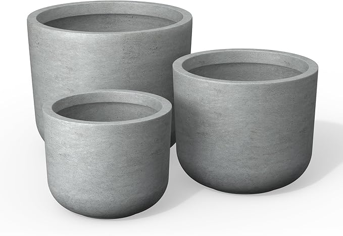 Kante 13119 Dia Natural Concrete Round Planters (Set of 3) Outdoor Indoor Modern Planter Pots Lightweight Weather Resistant Seamless with Drainage Hole