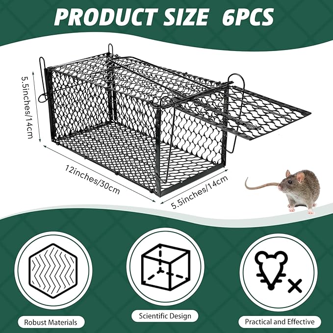 Qualirey 6 Pcs Humane Rat Trap Small Chipmunk Mouse Squirrel Cage Rodent Animal Voles Hamsters Cage Catch and Release Trap for Home Garden Indoor Outdoor(Black12 x 5.5 x 5.5 Inch)