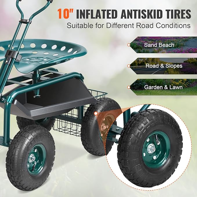 VEVOR Garden Cart Rolling Workseat with Wheels Gardening Stool for Planting 360 Degree Swivel Seat Wagon Scooter with Steering Handle &amp Utility Tool Tray Use for Patio Yard and Outdoors Gre
