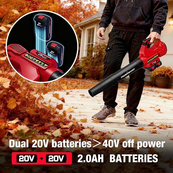 PowerSmart 40V Battery Leaf Blower Cordlesswith 2X 2.0Ah Batteries and Fast ChargersTurbo ModeHigh Powerfor Lawn CarePatio CleaningBlowing Fallen LeavesSnow and Dust etc.(DB2201B)