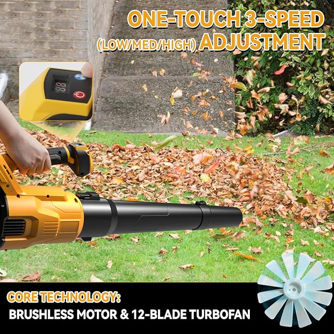 Cordless Leaf Blower Compatible with Dewalt 20v Battery Brushless Motor 130mph Wind Speed 480cfm Air Volume 3 Speed Adjustment with Dual Nozzles for Yard Snow Dust Leaves Cleaning (1)