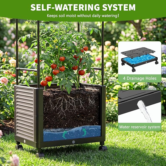 DoCred 60 H Raised Garden Bed Planter Box with Wheels 2 Pack Tomato Cage Planter Raised Garden Bed with Trellis for Climbing Vegetables Plants Tomato Cage Indoor Outdoor Use