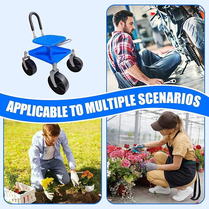 Garden Stool with Wheels Sitting Height Flexibility Galvanized Steel Pipes Rolling Garden Work Seat Swivel Gardening Stool Smooth Caster Wheels for Pruning Plant Transplanting Branch Trimming