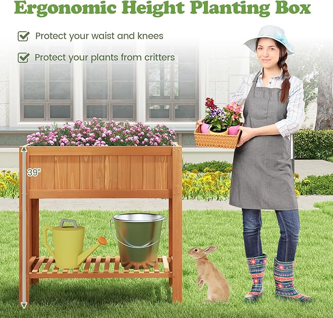 COSTWAY 2-Tier Raised Garden Bed Fir Wood Planter Box with Storage Shelf for Vegetables Herbs &amp Flowers – 39 x 20 x 39 for Backyard Patio &amp Balcony