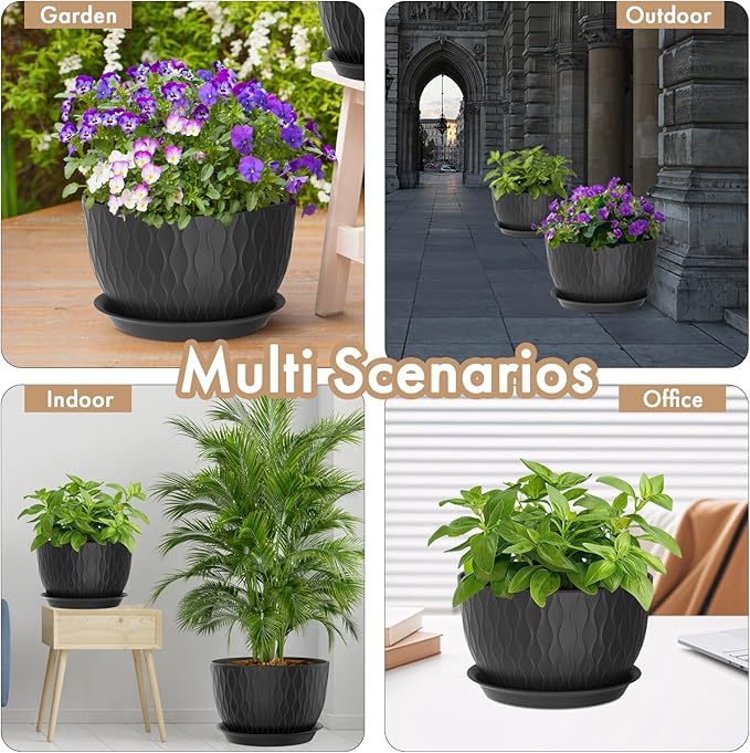12 Inch Large Plant Pots for Indoor or Outdoor Plants Wide Water Ripples Flower Pots with Drainage Holes &amp Saucer Plastic Planters Set for Garden &amp Home Decor (Black)