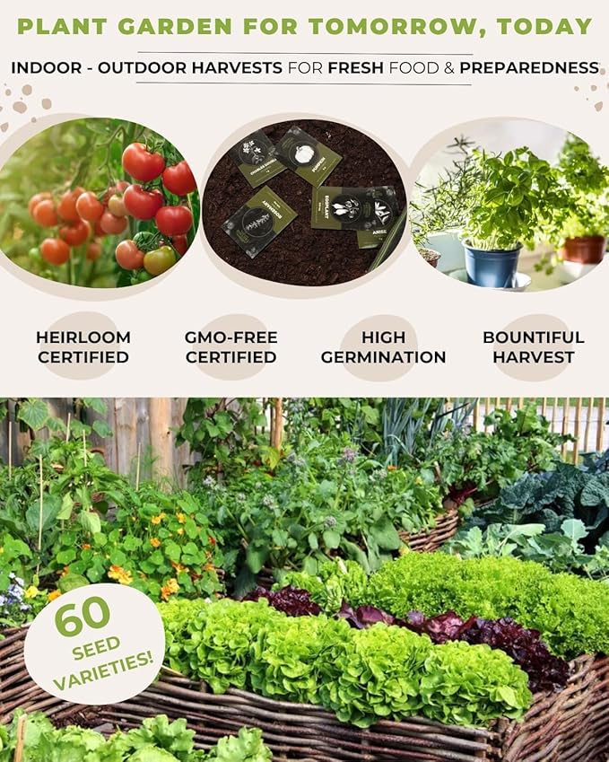 Tactiko Survival 60 Medicinal &amp Survival Seed Kit – Heirloom Non-GMO USA Grown Seeds for Vegetables Herbs &amp Edible Flowers – Emergency Food Supply Vault - Mylar Storage - Tools - Planting Gui