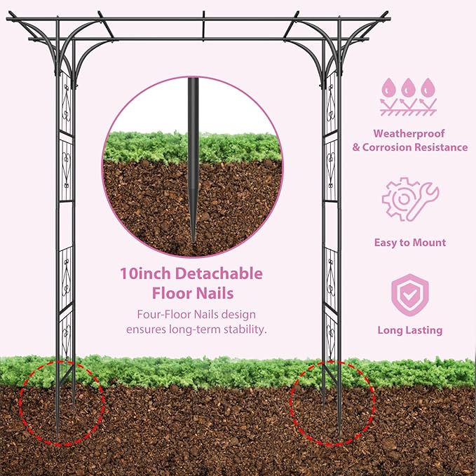 Garden Arch Trellis 7FT Wedding Arch Backdrop StandMetal Garden Arbor Trellis for Plant Climbing Outdoor Plant Arch with Anchored Pile Flower Arch Stand Balloon DecorArchway Pergola