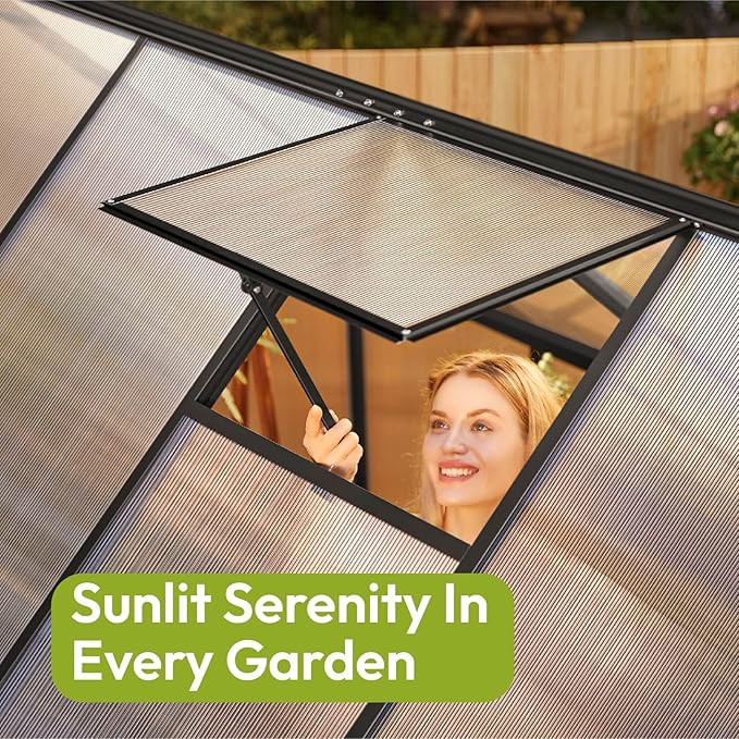 VIWAT 6x7.5 FT Greenhouse for Outdoors Polycarbonate Greenhouse with Quick Setup Structure and Roof Vent Aluminum Large Walk-in Green House for Outside Garden Backyard Black
