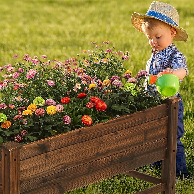 Raised Garden Bed 41x21x20-inch Mobile Elevated Wood Planter Lockable Wheels Outdoor Wood Elevated Planter Box Kit Customized for Children（Brown）