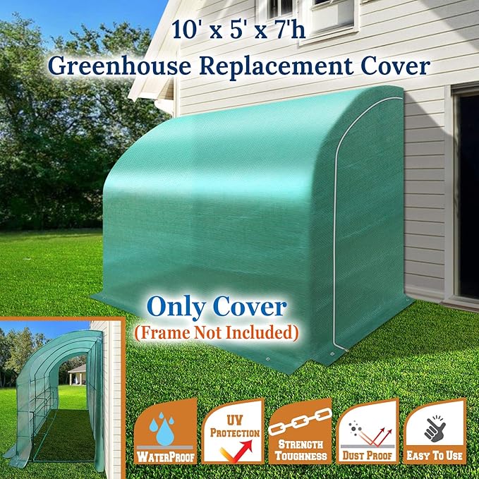 YardGrow Greenhouse Replacement Cover for 10x5x7'H Outdoor Lean to Walk-in Wall Greenhouse Portable Waterproof Hot House (Green)