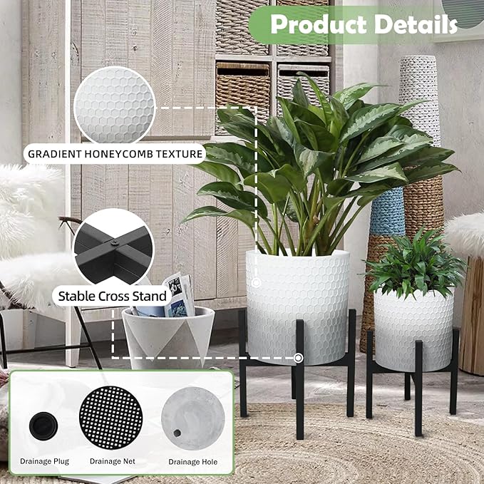 10 &amp 12 Inches Planters with Metal Sand for Indoor Plants Set of 2Decorative Plant Pots with Holder Outdoor Flower Pots with Legs Modern Garden Pot with Drainage Holes for Snake Plant House pl