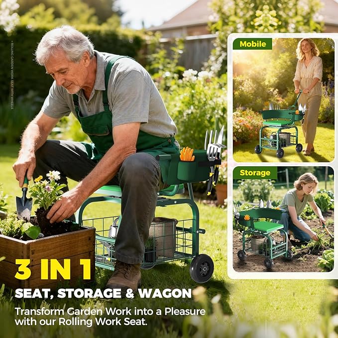 Suntee Garden Seat with Wheels Rolling Gardening Stool with 360° Swivel Seat &amp BackrestTool Storage Basket &amp Back Tool Pouch Adjustable Handle Outdoor Gardening Scooter Garden Cart for Se