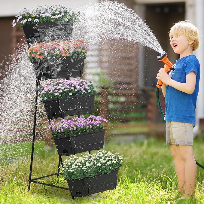 5 Tier Vertical Raised Garden Bed Planter Box Vertical Raised Bed with Drainage Holes for Indoor Outdoor Herbs Flowers Vegetables Plants Black