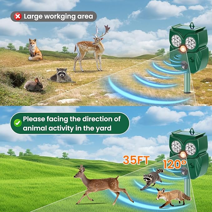 2 Pack Ultrasonic Animal Repellent Outdoor Deer Repellent Outdoor Solar Deer Repllent Devices Animal Deterrent Scare Raccoon Cat Rabbit Dog