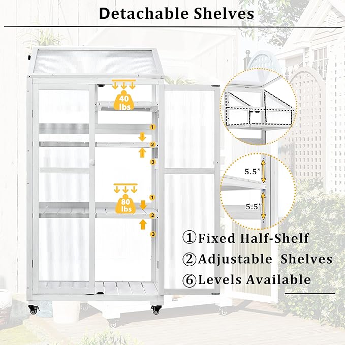 Mini 4-Tier Greenhouse with Locking Wheels 62 Inch Height Portable Wooden Green House Cold Frame with Adjustable Shelves and Vent Small Garden House for Outdoor Indoor White