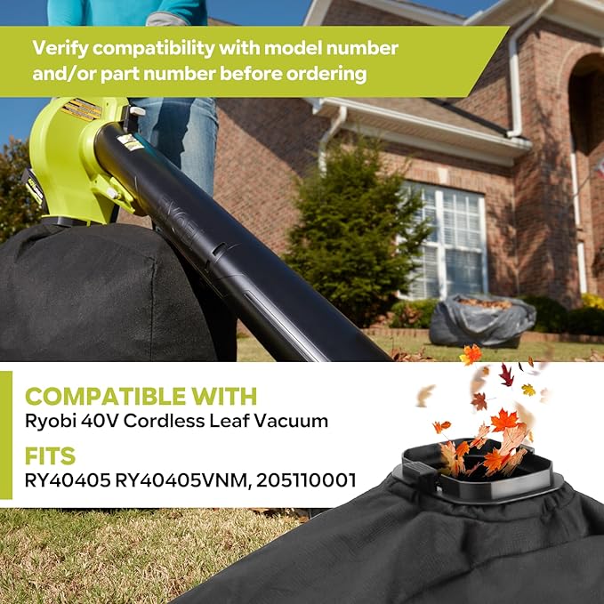 Leaf Bag Replacement Part # 205110001 Compatible with Ryobi 40V Vac Attack Leaf Blower Vacuum Mulcher RY40405 RY40405VNM - for Ryobi Leaf Blower &amp Vacuum Accessories (Black)