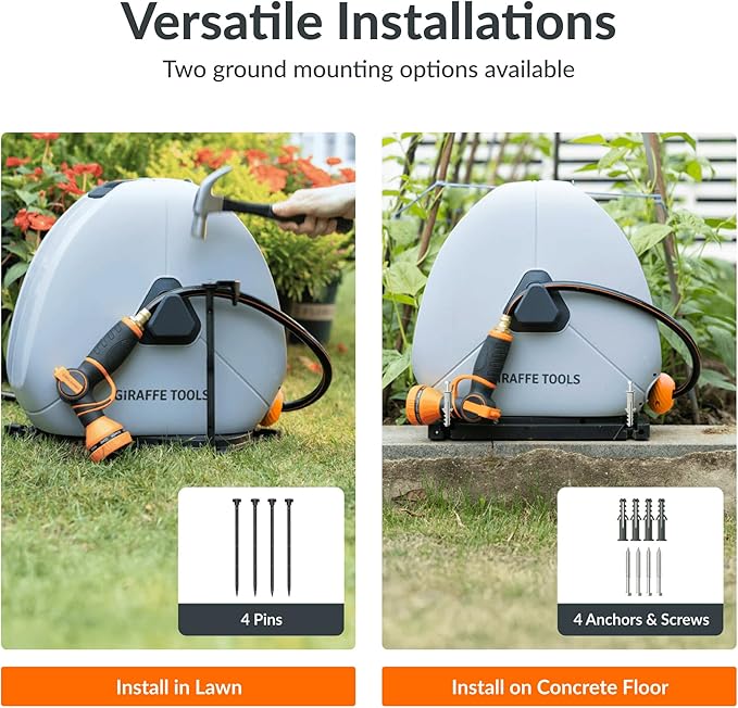 Giraffe Tools Heavy Duty Retractable Hose Reel 130FT 1/2 Inch Automatic Rewind Garden Hose Reel with Flexible Swivel Base Ground Mount for Lawn Patio and Concrete Floor