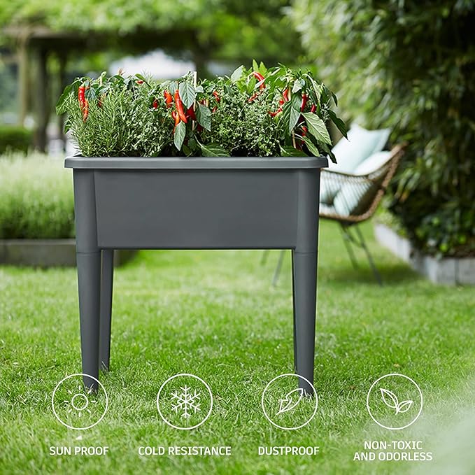 20.8 Gallon Vinyl Plant Box with Legs and Greenhouse Cover 30 x 25.6 x 15 Self Watering Raised Garden Bed with Drainage Plug  Grey