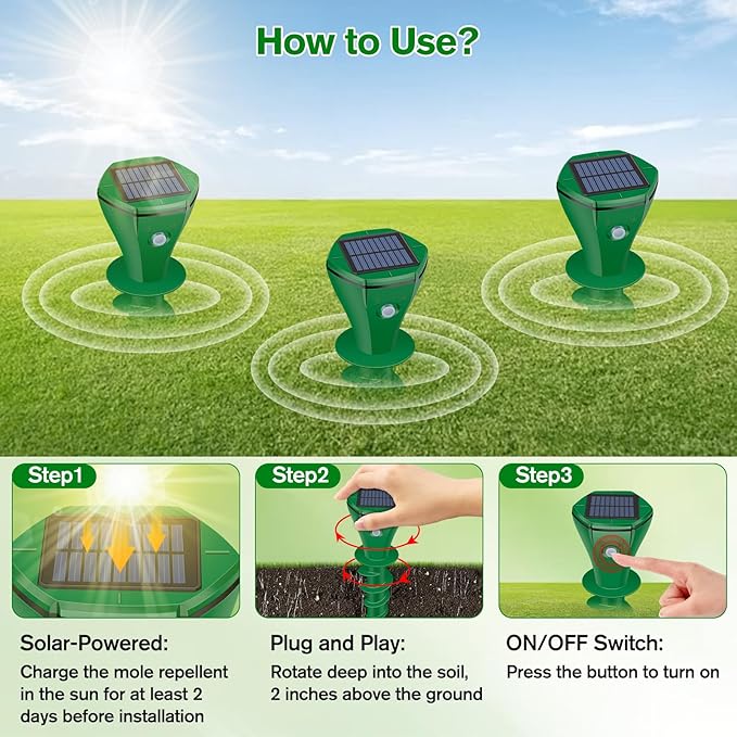Mole Repellent Solar Powered UltrasonicDeer Repellent DevicesGopher Trap Groundhog RepellerSonic Spikes Get Rid of All Pests Vole ChipmunkCatSkunkSnakeMole Trap for Lawn Garden Yard (4P)