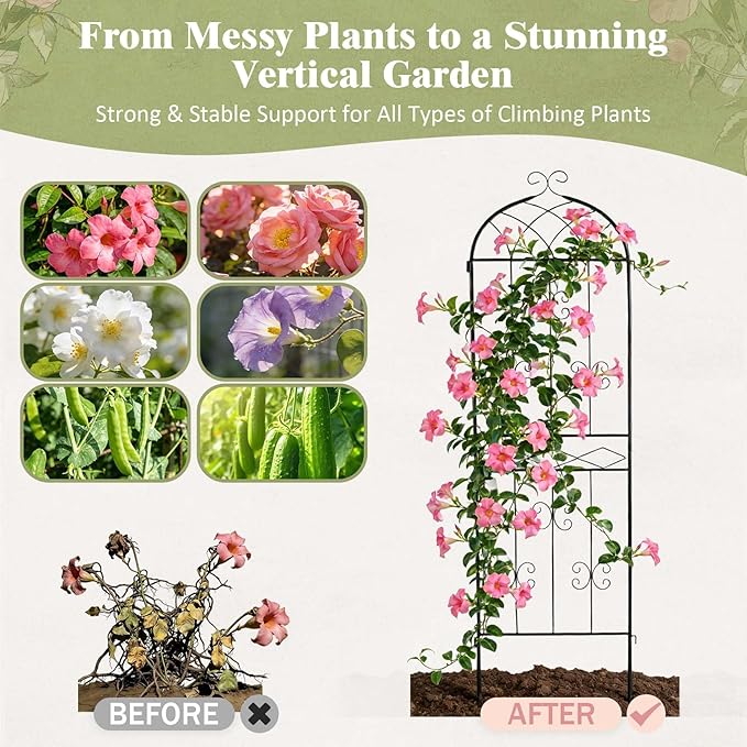 2 Pack 70.8 H x 19.7 W Arched Metal Garden Trellis for Climbing Plants Outdoor - Tall Rust-Resistant Decorative Climbing Rose Trellis Perfect for Roses Vines Vegetables Flowers Black