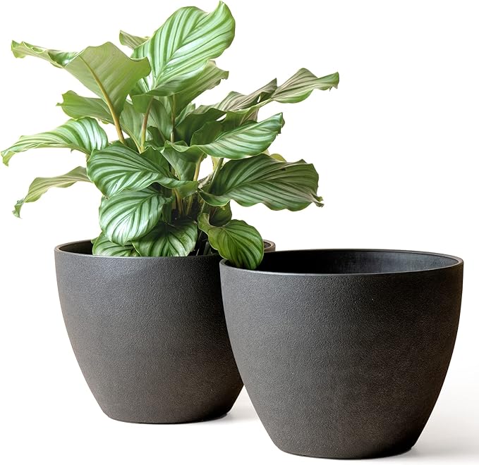 LA JOLIE MUSE Outdoor Planter Flower Pots Outdoor- 11.3 Inch Planter with Drainage for Indoor Outdoor Plants Flowers Black Set of 2