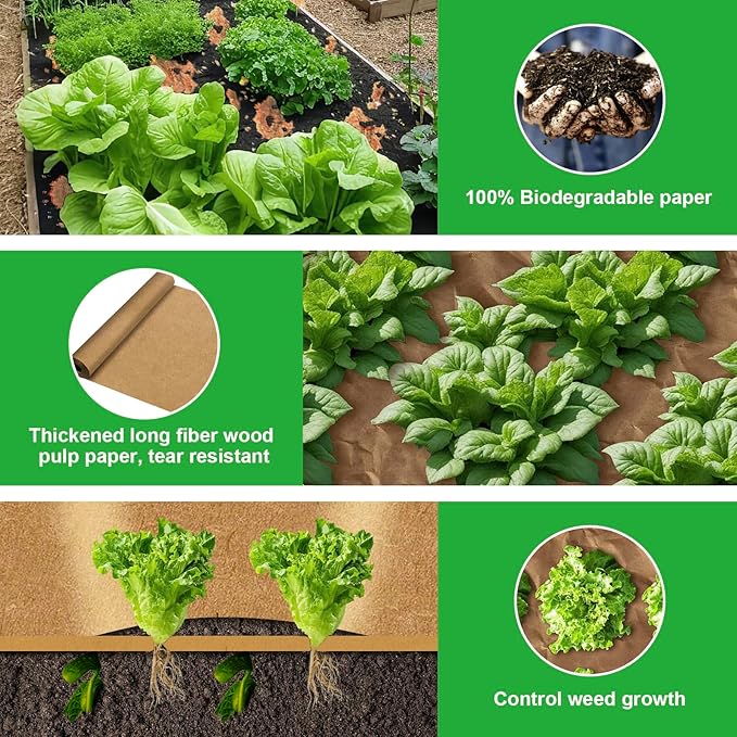 Biodegradable Paper Weed Barrier Roll Thickened Tear Resistance Garden Weed Barrier Heavy Duty Garden Paper Weed Control Landscape Paper Mulch Weed Mat for Outdoor Garden Lawn (3 x 100 FT)
