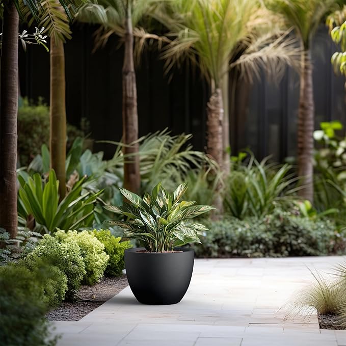 Kante 14.2 Inch Round Concrete Planter - Classic Large Indoor/Outdoor Plant Pot with Drainage Hole and Rubber Plug Suitable for Gardens and Patios Black