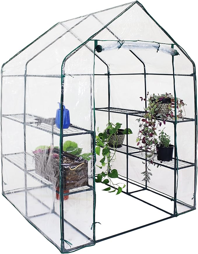 Sunnydaze Portable Outdoor Grandeur Walk-in Greenhouse with 4 Steel Wire Shelves and Roll-Up Door - Clear