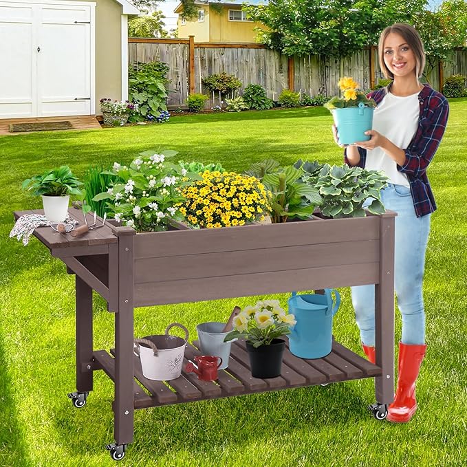 GUTINNEEN Elevated Wooden Planter Box with Locking Casters - 52.7 L x 22 W x 30 H Raised Garden Bed Removable Liner &amp 230lb Weight Capacity for Outdoor Plants