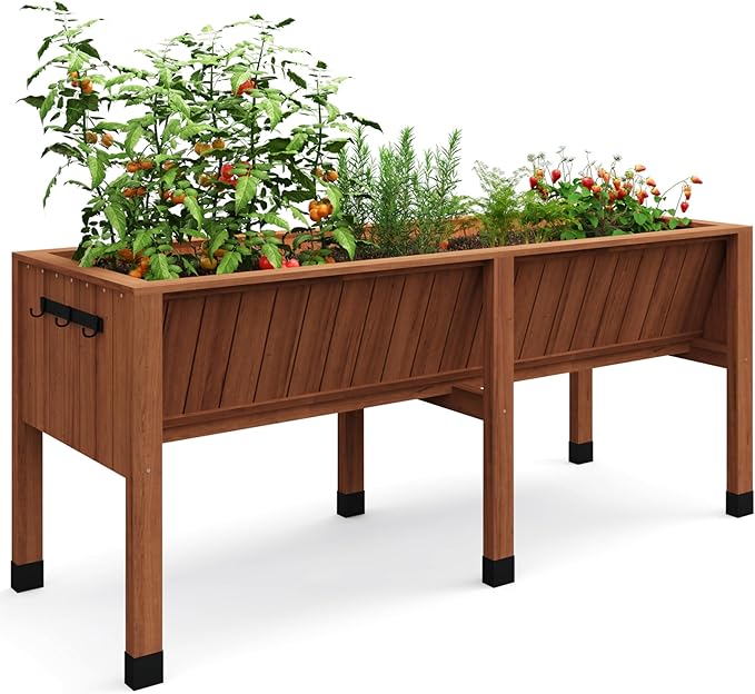 Elevated Wood Planter Box with Leg &amp HOOKS - 72x26x30 Inch Raised Garden Bed Includes Non-Woven Liner 13.7in Depth for Vegetables &amp Herbs Outdoor Patio Raised Planter. (6x2x2.5 Ft) Brown