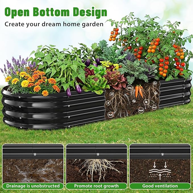 Oval Raised Garden Bed 6 x 2 x 1FT Galvanized Steel Planter Box with Wave-Shaped Metal Panels Painted for Outdoor FlowerTreeHerb &amp Vegetable Garden (Black 72X24X12 inches)