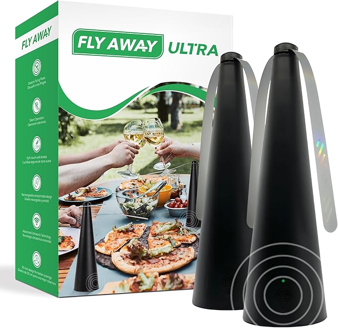 Fly Away Ultra - 2 Pack Rechargeable Outdoor Fly Fans for Tables with Ultrasound Outdoor or Indoor Tabletop use Restaurant Barbeque Events Deter Flies Wasps Bees Moscas and Bugs Hanging Hook.