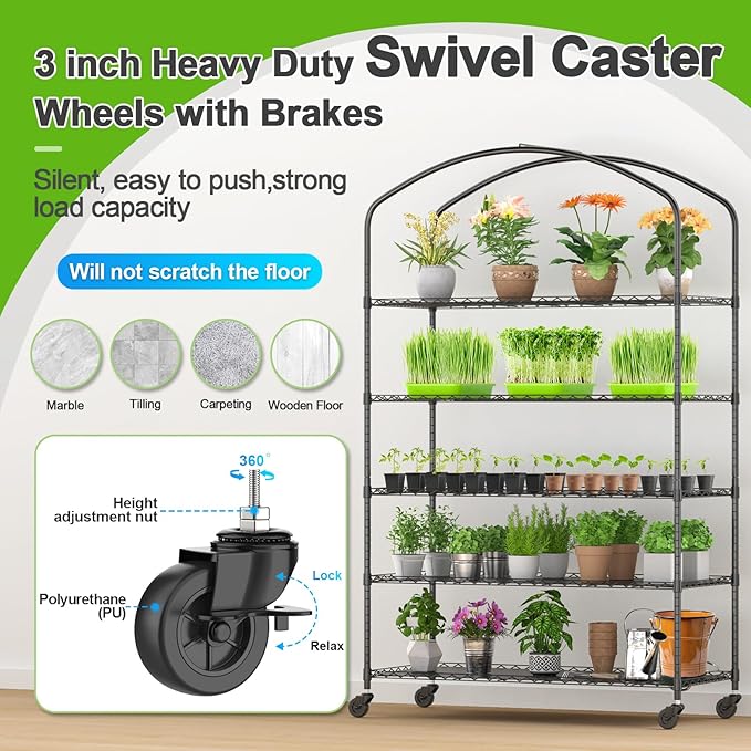 Abimars 5-Tier Greenhouse with Caster Wheel Each Shelf Height Adjustable Metal Plant Shelf with PVC Cover for Seed Starting Trays Seedling Pots Plant Pots 21x49x80inch