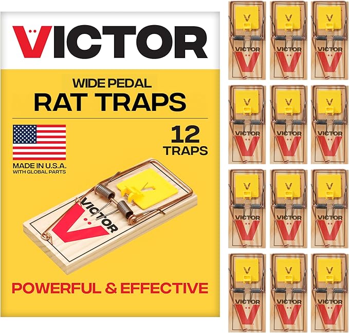 Victor M205 Wide Pedal Humane Snap Rat Traps Indoor for Home Plastic Pedal Sustainably Sourced FSC Wood - 12 Wooden Traps