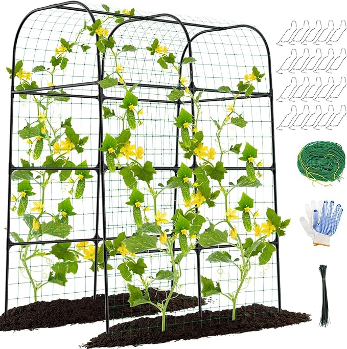 7ft Cucumber Trellis for Raised Bed Garden Arch Trellis for Climbing Plants Outdoor Indoor Metal Trellis Support with Net for Vegetables Tomato Zucchini Squash Beans Peas Melons Rose FlowersVines