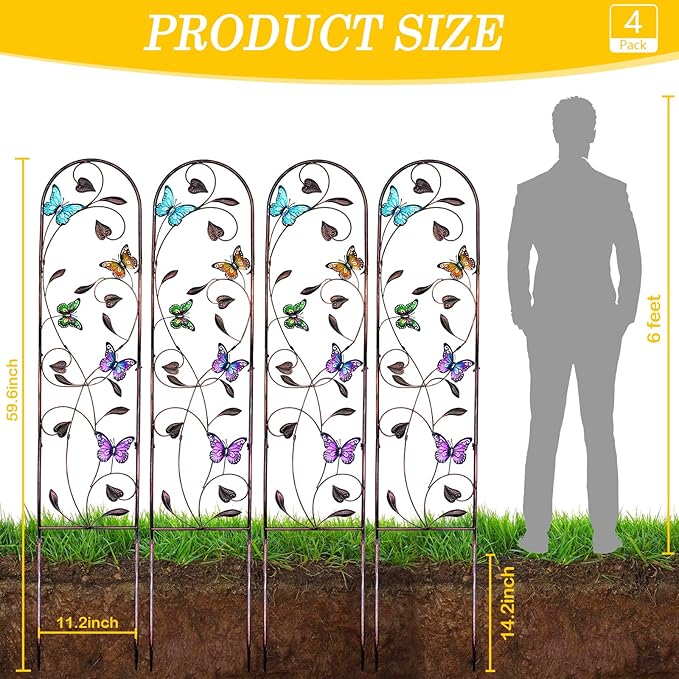 aboxoo Set of 4 Packs Butterfly Metal Garden Trellis for Climbing PlantsOutdoor Decorative Flowers Arch Fence Trellis for Outdoor PatioGardenLawnYardBackyardWall Brackets60'' H x 11'' W