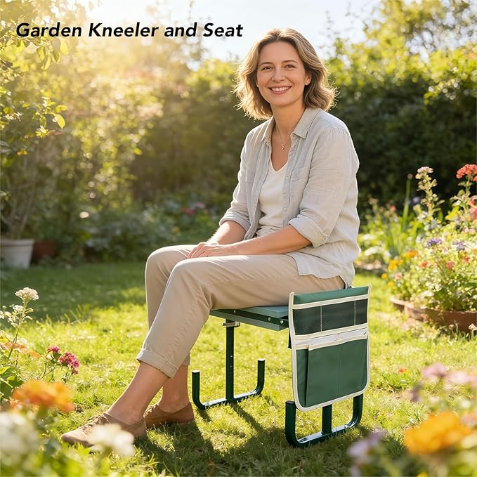 Diydeg Garden Kneeler and Seat 400lbs Heavy Duty Foldable Gardening Stool with Thicken &amp Widen Soft Kneeling Pad Gardening Bench with 2 Tool Pouches for Women Men Seniors Mom (Green)