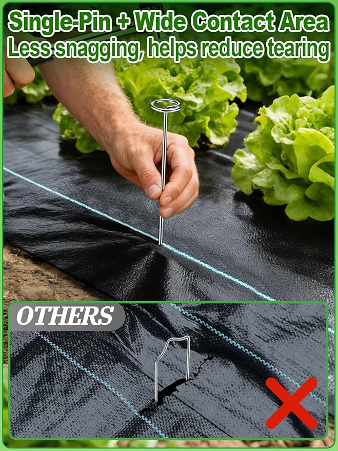 12 Inch Landscape Staples with Hook &amp Hammer - 60pcs Circle Top Weed Barrier Stakes Kit 9 Gauge Galvanized Rust-Resistant Garden Fabric Pins for SOD Garden Edging Install &amp Remove Tools In