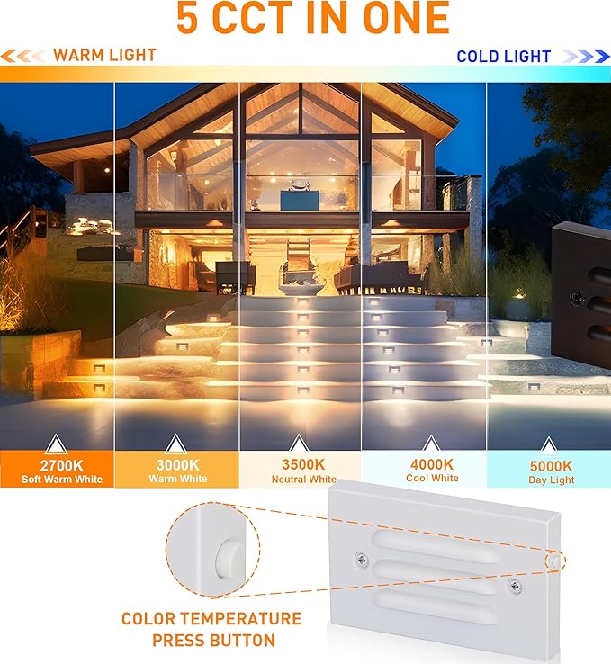 CLOUDY BAY 5CCT 12V 4W Low Voltage LED Step Light with Horizontal Louvered Faceplate for Steps Decks StairsOutdoor Stair LightsWet Locations6 PackWhite
