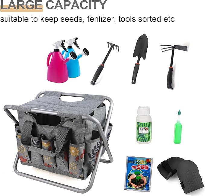 MDSTOP Folding Gardening Stool with Detachable Storage Tote Bag Gardening Tools Set Organizer for Fishing Outdoor Sports Hiking Camping Garden Gardening Gifts for Mom/Dad Without Tools (Aluminum)