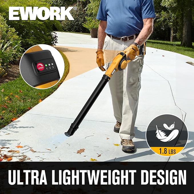 EWORK Small Leaf Blower Cordless 21V 130CFM &amp 200MPH Lightweight Electric Leaf Blower with 2x2.0Ah Battery and Fast Charger Mini Battery Powered Compact Blowers for Lawn Care Leaves Jobsite