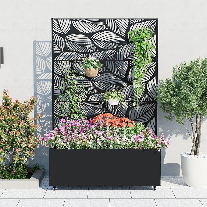 GarveeLife Metal Planter Box with Trellis and Wheels 71x47x16 Raised Garden Bed for Climbing Plants Vegetables Vines Privacy Planters for Patio with Drainage Holes 15.7 Deep Planting Bed