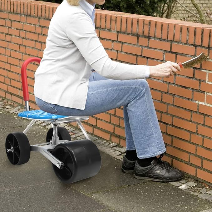 Garden Cart Rolling Stool with Wheels Garden Cart Rolling Work Seat 360° Degree Swivel Seat Height-Adjustable Gardening Helper for Vegetable Greenhouses Orchards Farmlands