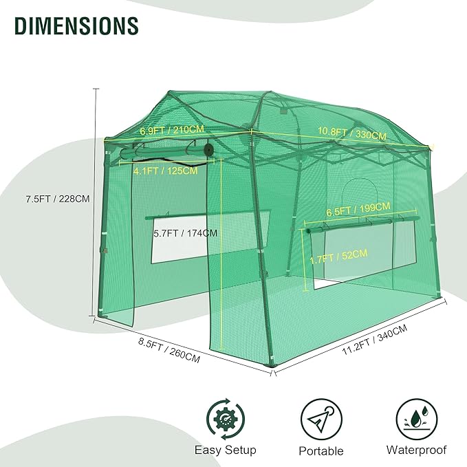 11 x 8.5 x 7.5 FT Walk-in Greenhouse Portable Pop-up Greenhouse for Indoor Outdoor Plant Garden Green House with Zippered Doors Screen Windows Heavy Duty Frame and Durable PE Cover