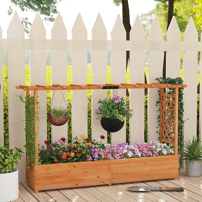 S AFSTAR 45-Inch Raised Garden Bed with Arch Trellis Hanging Roof Planter Box Drainage Holes Vertical Plant Container for Vine Climbing Plant Flower Flower Bed Wood Planter for Indoor &amp Outdo