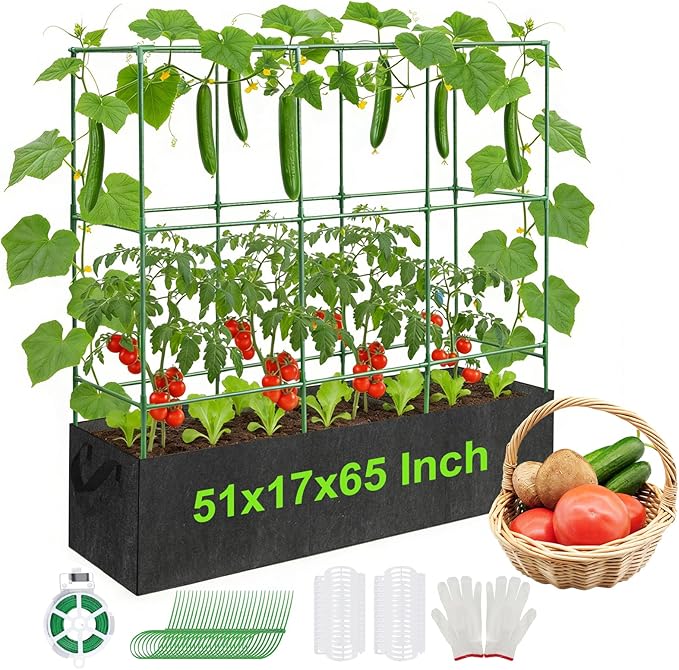 Cucumber Trellis with 46 Gallon Grows Bag 51x17x65Inch Squar Outdoor Indoor Greenhouse Tomato Cage Garden Trellis with Plant Support Clips for Climbing Plants Squash Vegetables Pumpkin Pea Grape