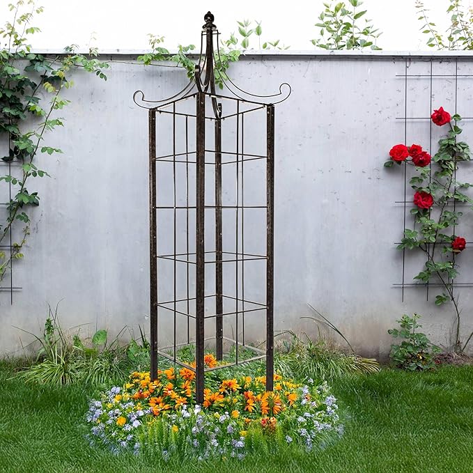 H Potter Garden Obelisk Trellis 7.5 FT Tall — 77-Lb Heavy Duty Iron for Climbing Roses Clematis Jasmine — Decorative Finial Ground Spikes Included Freestanding